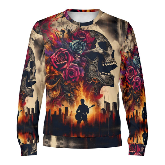 Unisex Loud and Lethal Skull and Roses Rebellion Poly French Terry Sweatshirt with skull roses guitarist and cityscape