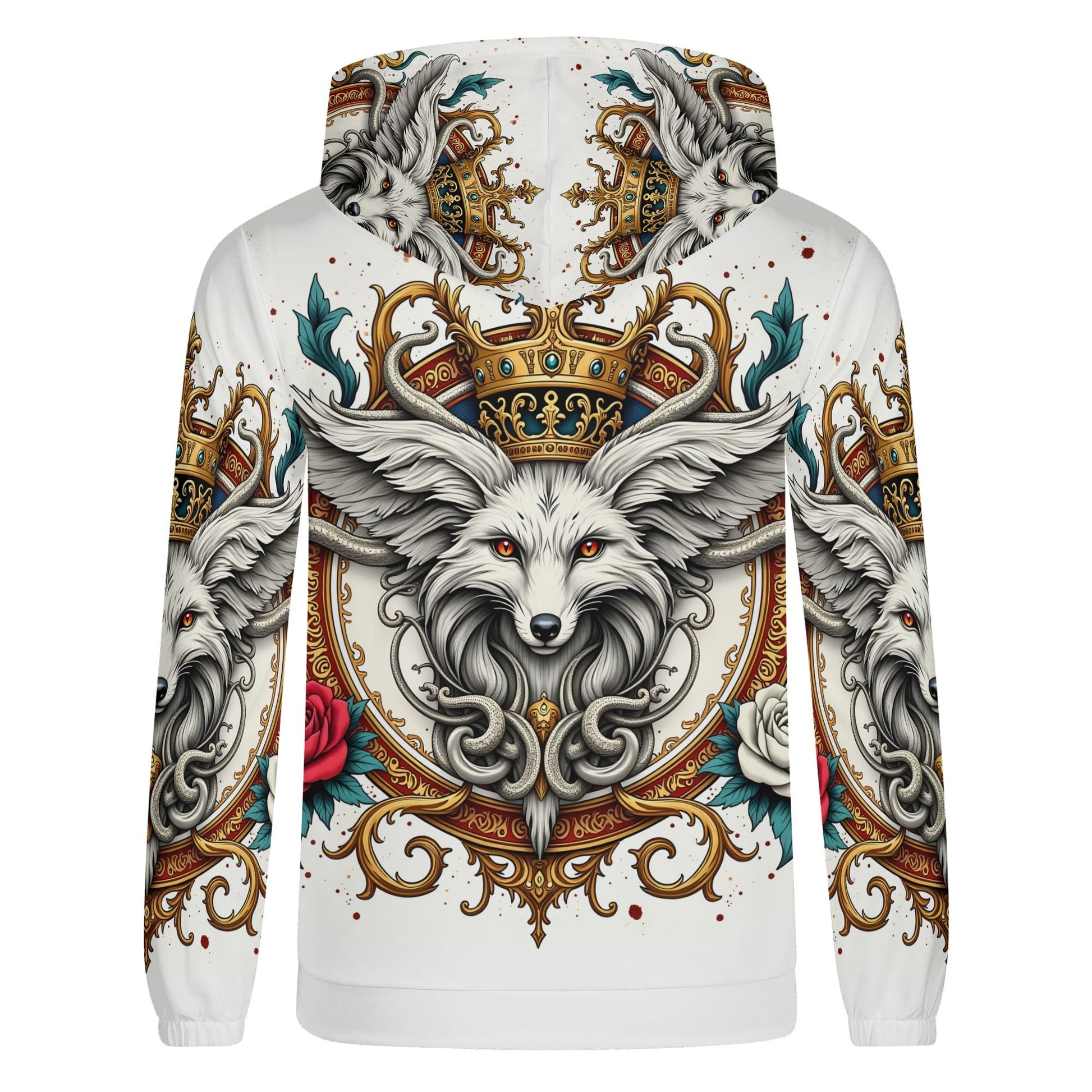 Foxs Reign Limited Edition Poly French Terry Hoodie white unisex hoodie with crowned fox crest gold filigree and rose