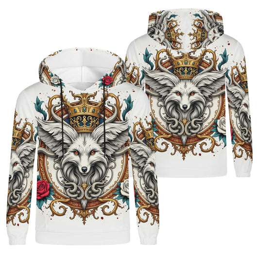 Foxs Reign Limited Edition Poly French Terry Hoodie white unisex garment with crowned fox gold filigree red roses front and back