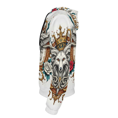Loud and Lethal unisex hoodie side view with crowned wolf crest and roses Foxs Reign Limited Edition Poly French Terry Hoodie