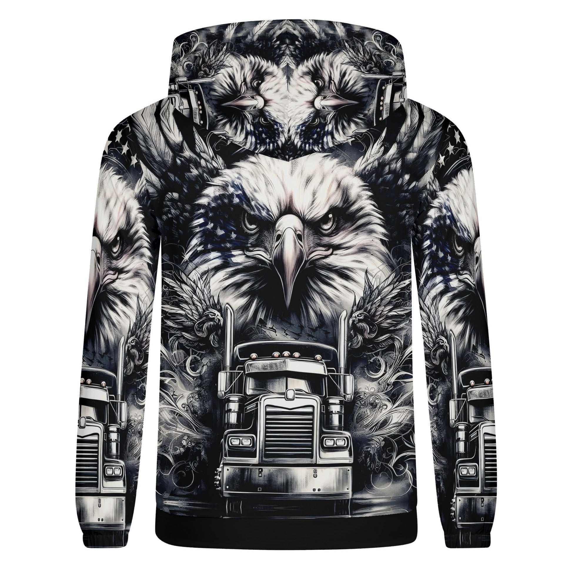 Revolt On Wheels Poly French Terry hoodie with bold eagle and truck graphic in black and white design