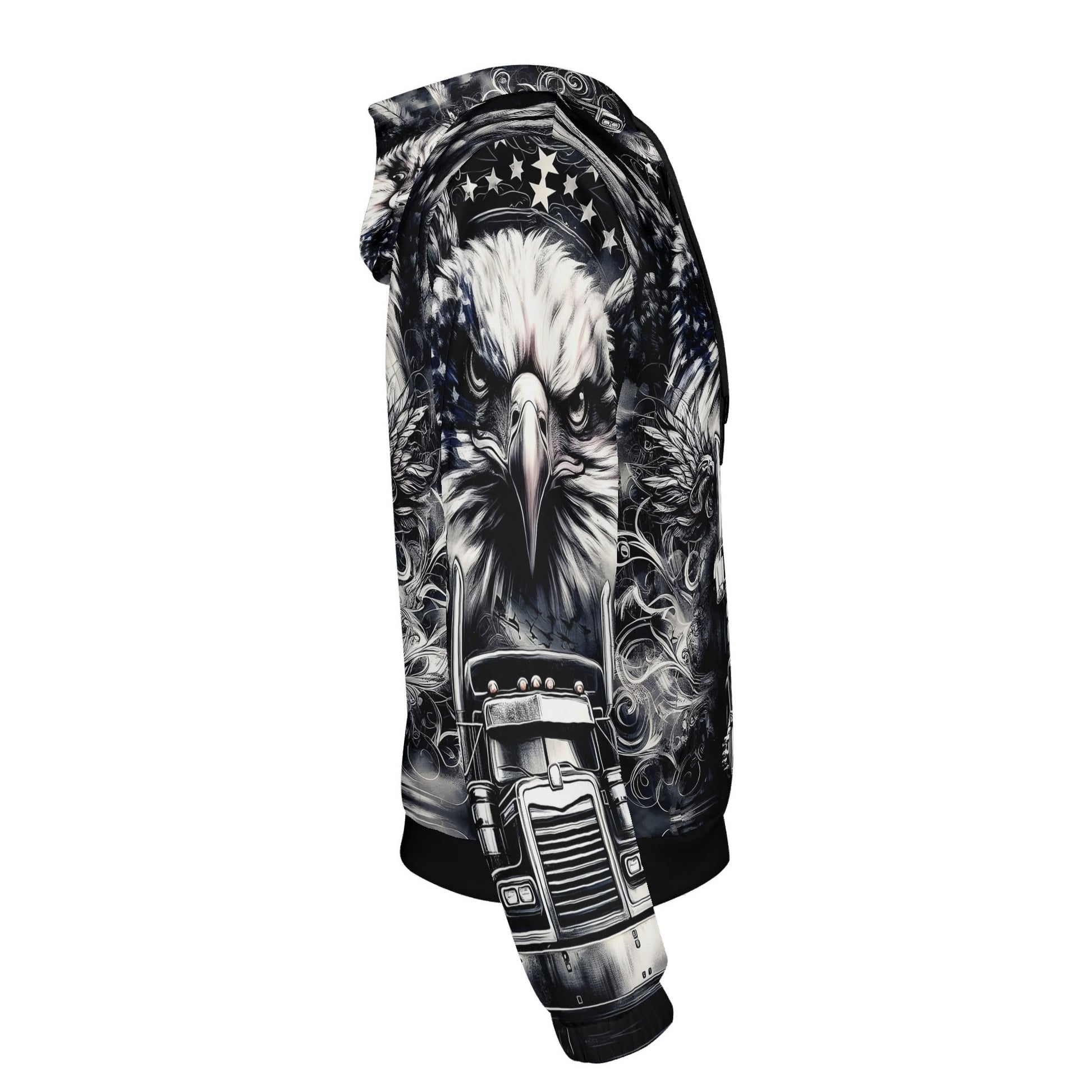 Side view of Loud and Lethal Revolt On Wheels Poly French Terry hoodie with eagle and truck graphic