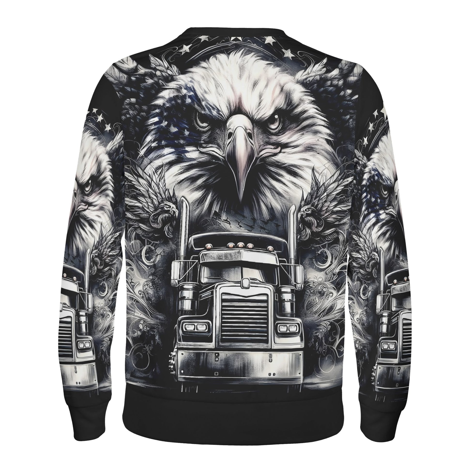 Loud and Lethal Revolt on Wheels Poly French Terry Sweatshirt unisex black and white back print with eagle and semi truck design