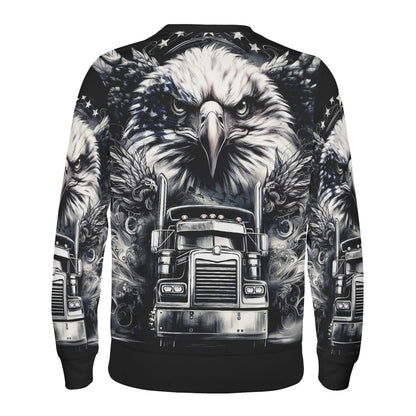 Loud and Lethal Revolt on Wheels Poly French Terry Sweatshirt unisex black and white back print with eagle and semi truck design
