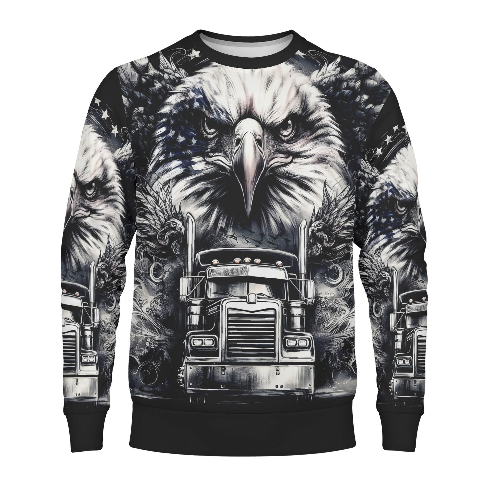 Revolt on Wheels Poly French Terry Sweatshirt unisex crewneck by Loud and Lethal with eagle and big rig truck all over print