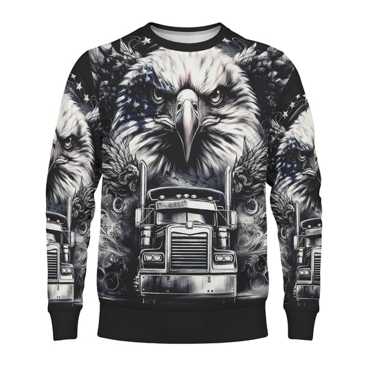 Revolt on Wheels Poly French Terry Sweatshirt unisex crewneck by Loud and Lethal with eagle and big rig truck all over print