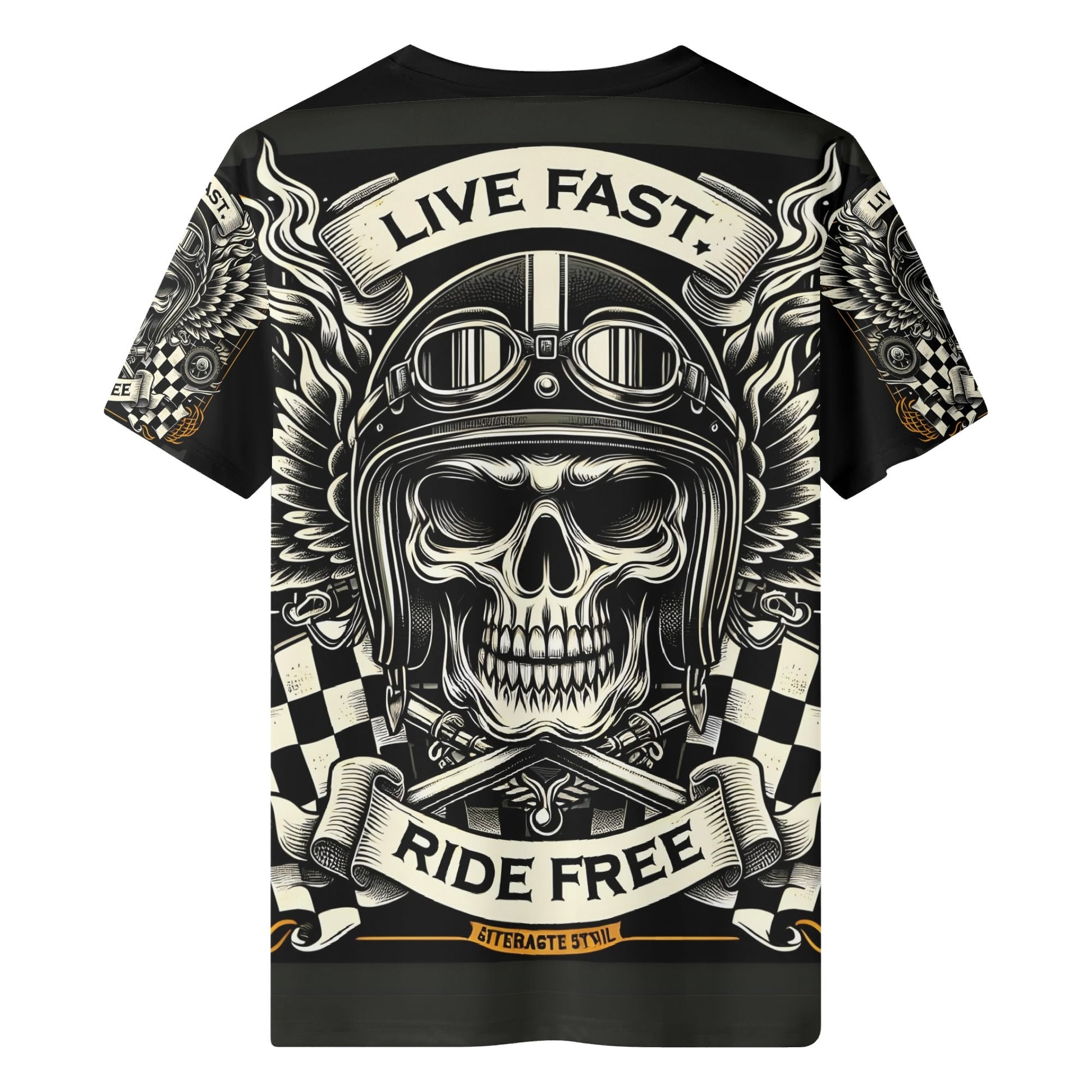 Loud and Lethal Bikers Oath Lycra T-Shirt black skull helmet design with Live Fast Ride Free banners and checkered flags