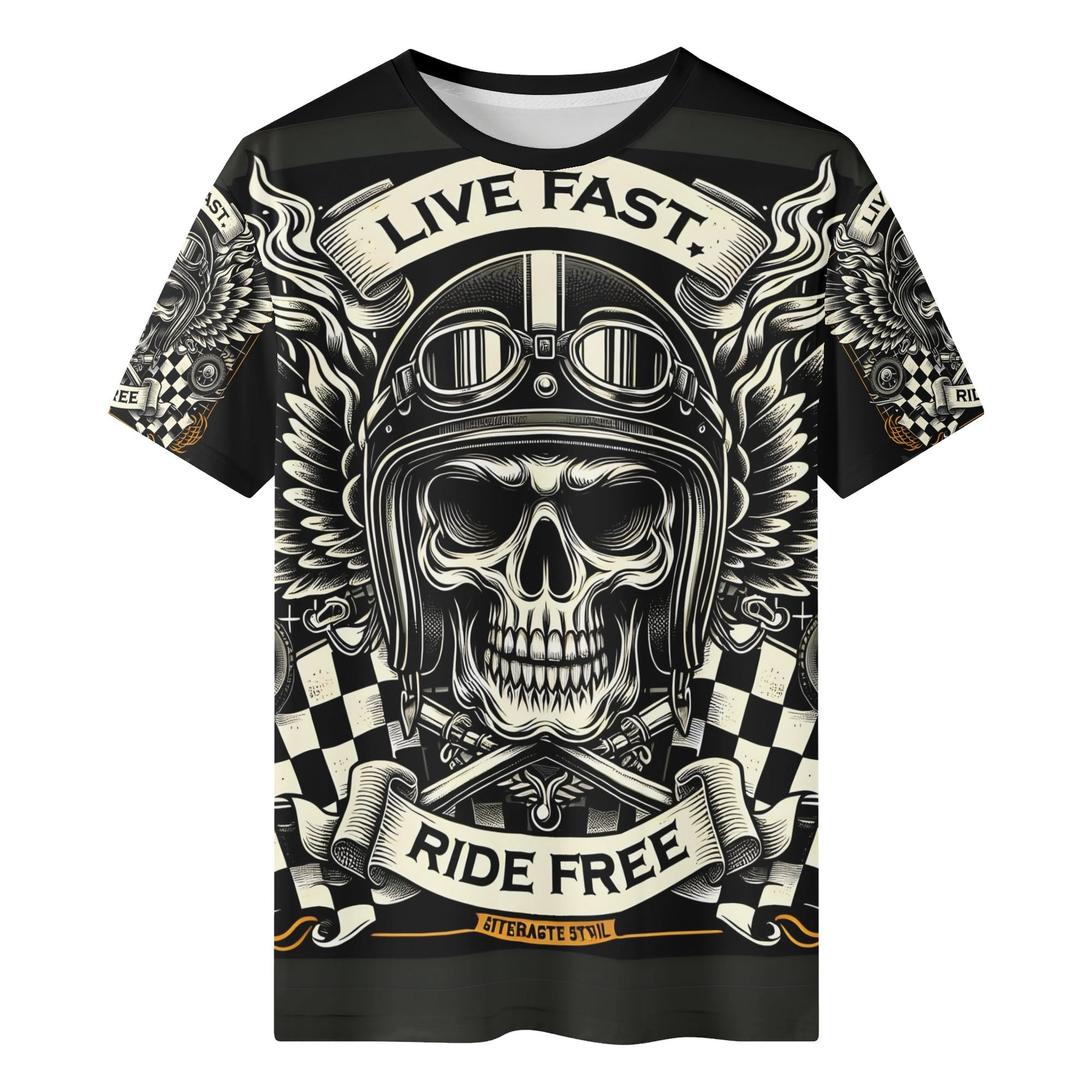 Loud and Lethal Bikers Oath Lycra T-Shirt unisex black skull helmet design Live Fast Ride Free banner