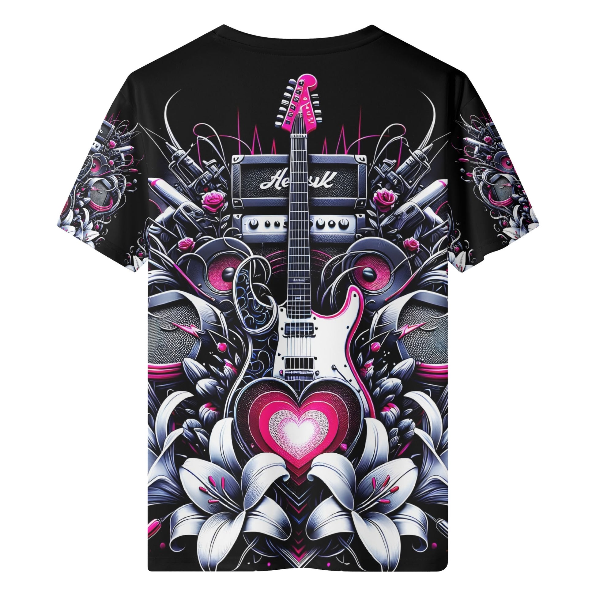 Loud and Lethal Riff and Roses Organic Cotton Kids T-Shirt with electric guitar and floral graphic design