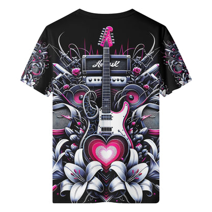 Loud and Lethal Riff and Roses Organic Cotton Kids T-Shirt with electric guitar and floral graphic design