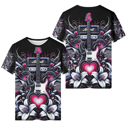 Riff and Roses Organic Cotton Kids T-Shirt featuring electric guitar and floral design in black