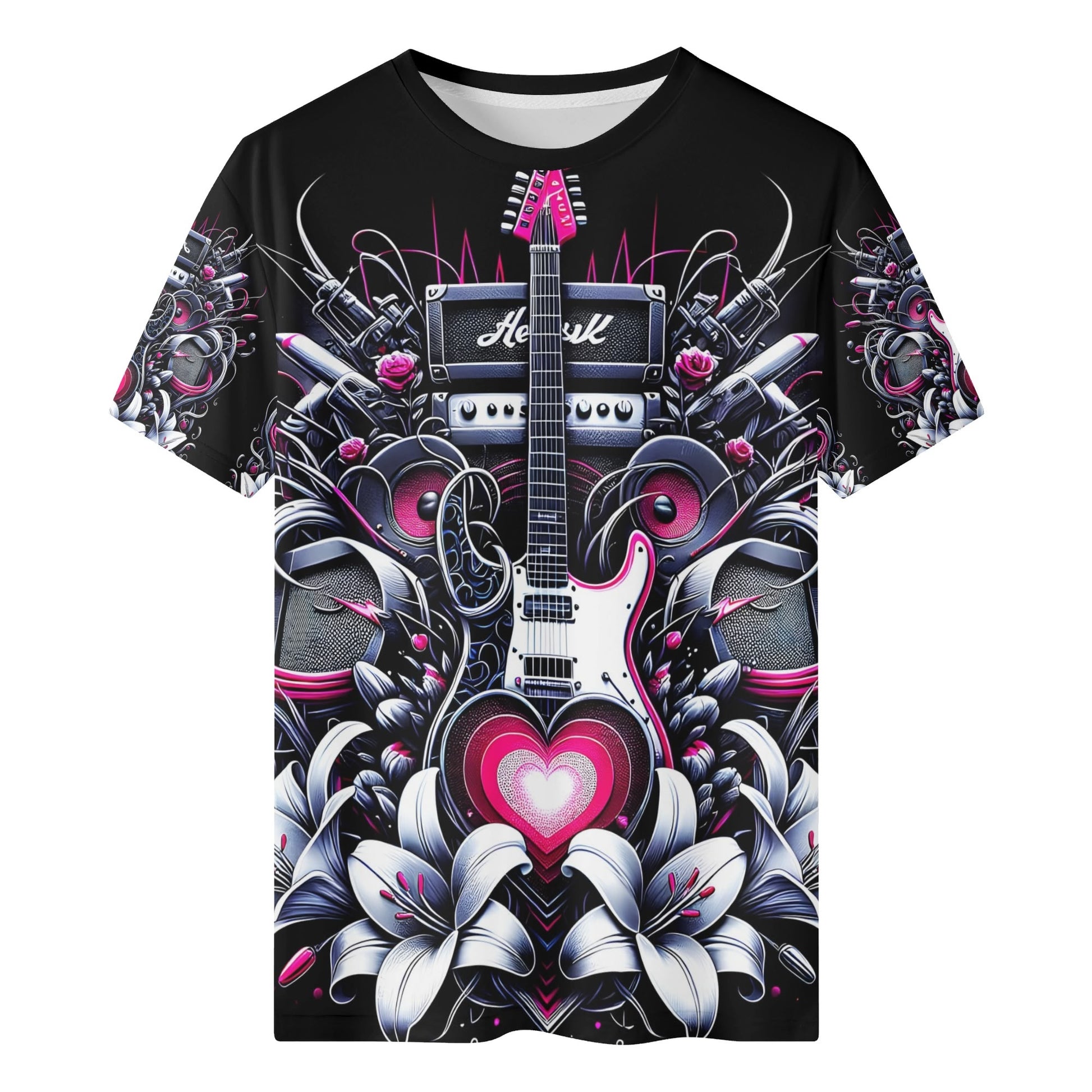 Riff and Roses Organic Cotton Kids T-Shirt with black background featuring electric guitar, speakers, and floral design