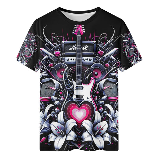 Riff and Roses Organic Cotton Kids T-Shirt with black background featuring electric guitar, speakers, and floral design