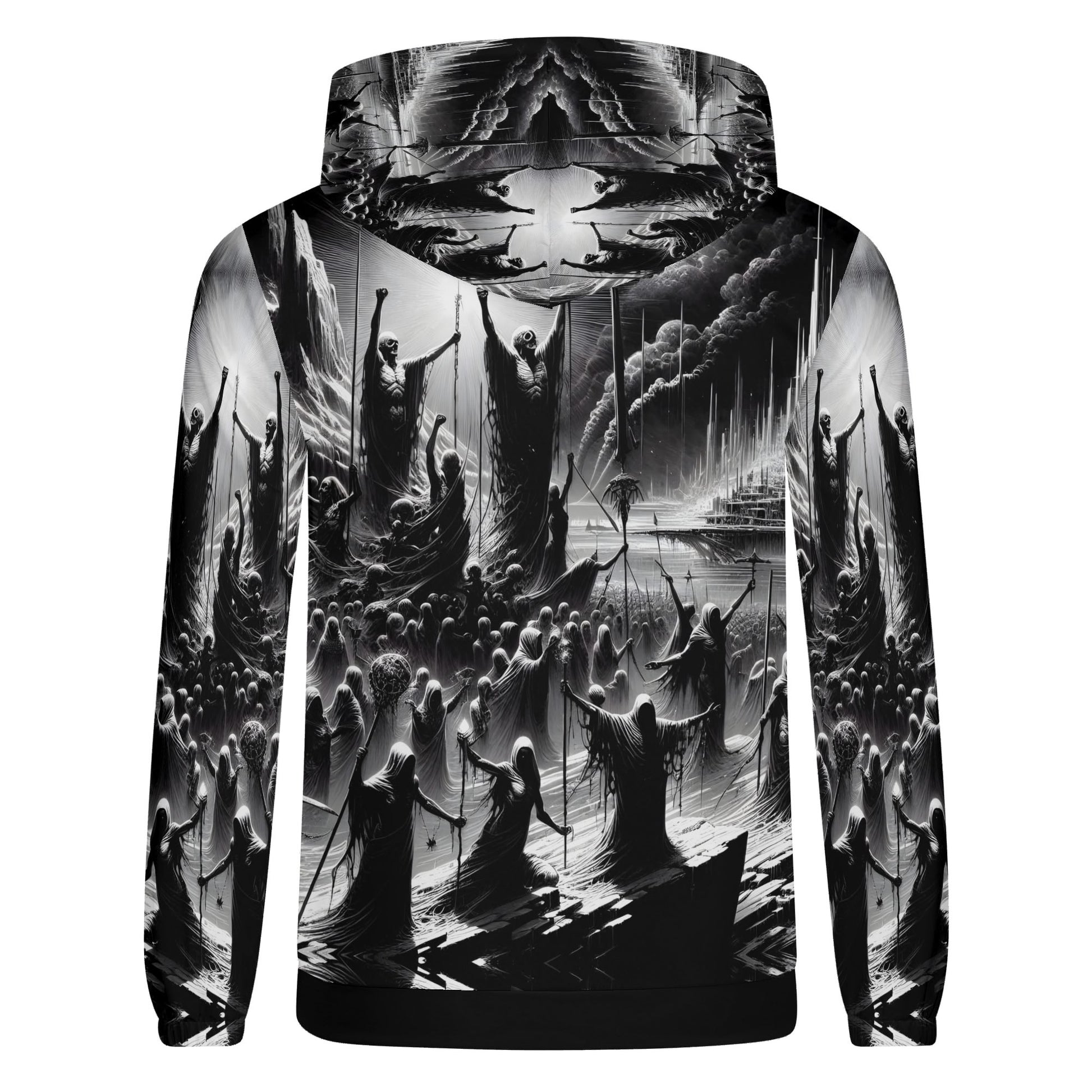 Rise of the Fallen Cotton Terry hoodie by Loud and Lethal with black and white detailed graphic of cloaked figures and mystical scene