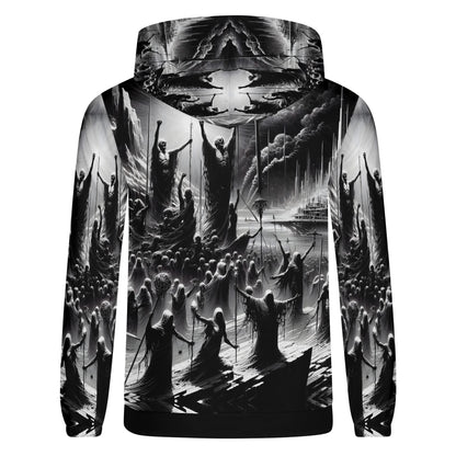 Rise of the Fallen Cotton Terry hoodie by Loud and Lethal with black and white detailed graphic of cloaked figures and mystical scene