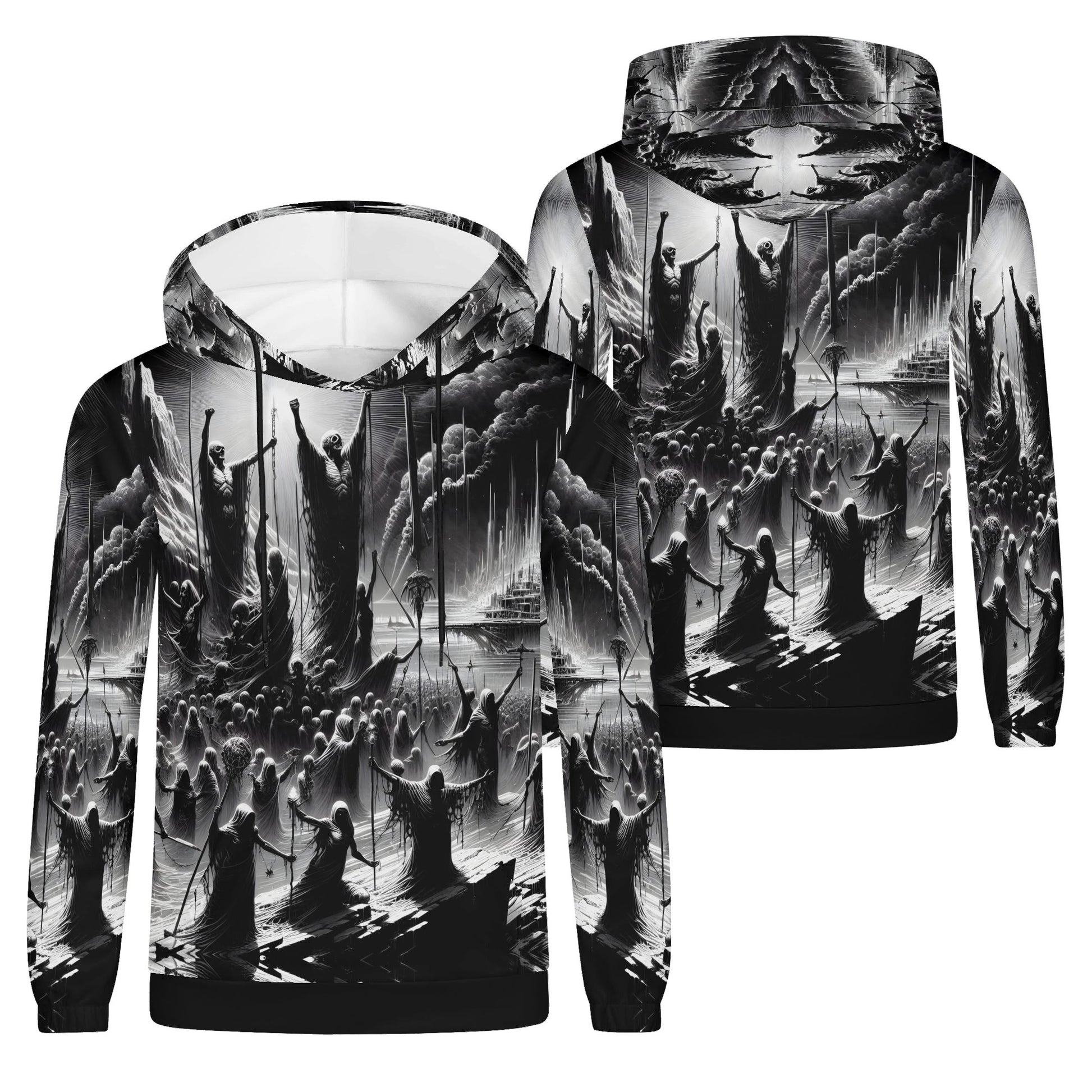 Loud and Lethal Rise of the Fallen Cotton Terry hoodie in black and white with detailed crowd and figures design