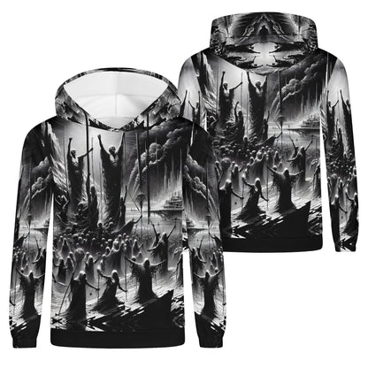 Loud and Lethal Rise of the Fallen Cotton Terry hoodie in black and white with detailed crowd and figures design