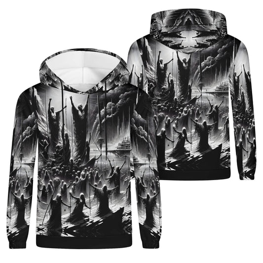 Loud and Lethal Rise of the Fallen Cotton Terry hoodie in black and white with detailed crowd and figures design