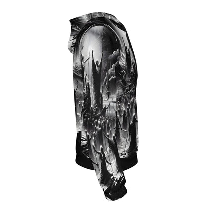 Side view of Loud and Lethal Rise of the Fallen Cotton Terry hoodie with black and white detailed graphic design