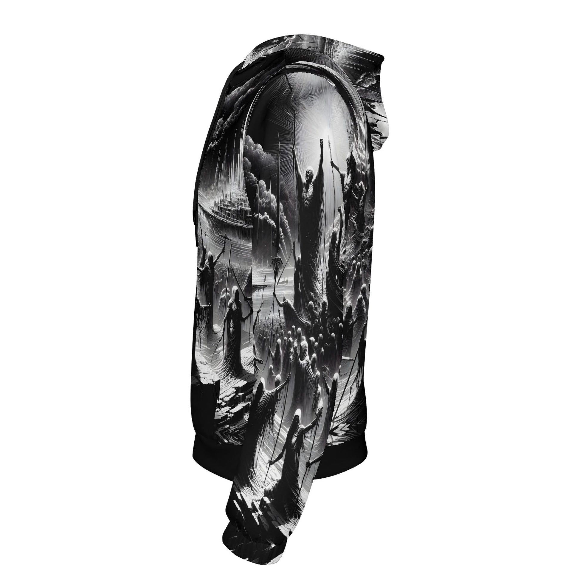 Side view of Rise of the Fallen Cotton Terry hoodie by Loud and Lethal with black and white detailed graphic design