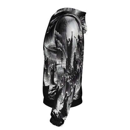 Side view of Rise of the Fallen Cotton Terry hoodie by Loud and Lethal with black and white detailed graphic design