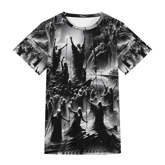 Rise of the Fallen Lycra T-Shirt by Loud and Lethal featuring black and white dark fantasy design