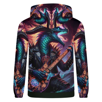 Back view of Loud and Lethal Rock n Roar Poly French Terry hoodie featuring a dragon playing electric guitar graphic