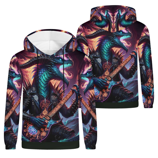 Loud and Lethal Rock n Roar Poly French Terry hoodie with vibrant dragon and guitar artwork, unisex style
