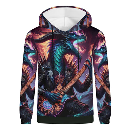Loud and Lethal Rock n Roar Poly French Terry hoodie with dragon playing electric guitar graphic