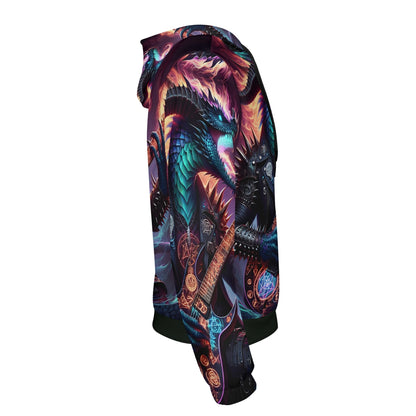 Loud and Lethal Rock n Roar Poly French Terry hoodie with vibrant dragon and guitar graphic in dark colors