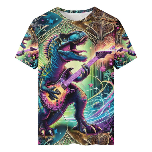 Rockasaurus Organic Cotton Kids T-Shirt featuring a vibrant T-Rex playing electric guitar with colorful abstract background