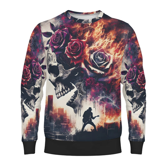 Rockfire Vengeance Poly French Terry Sweatshirt unisex sweater with flaming skull roses and guitarist silhouette