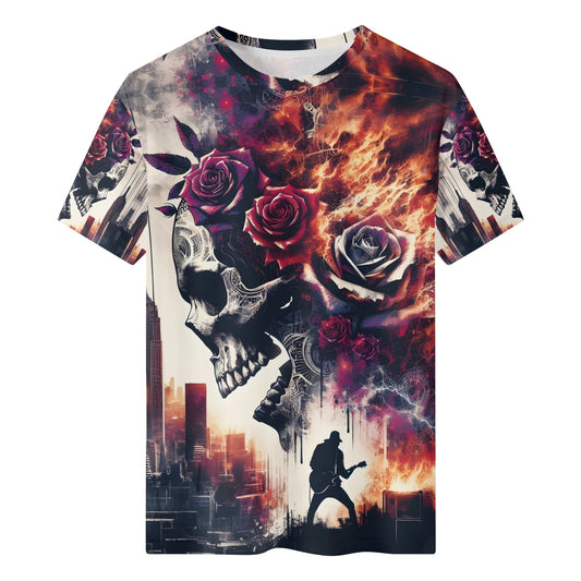Rockfire Vengeance 100 Cotton T-Shirt by Loud and Lethal featuring skull, roses, flames, and guitarist design