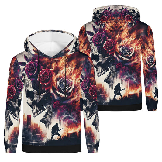 Loud and Lethal Rockfire Vengeance Poly French Terry hoodie with fiery skull and rose design