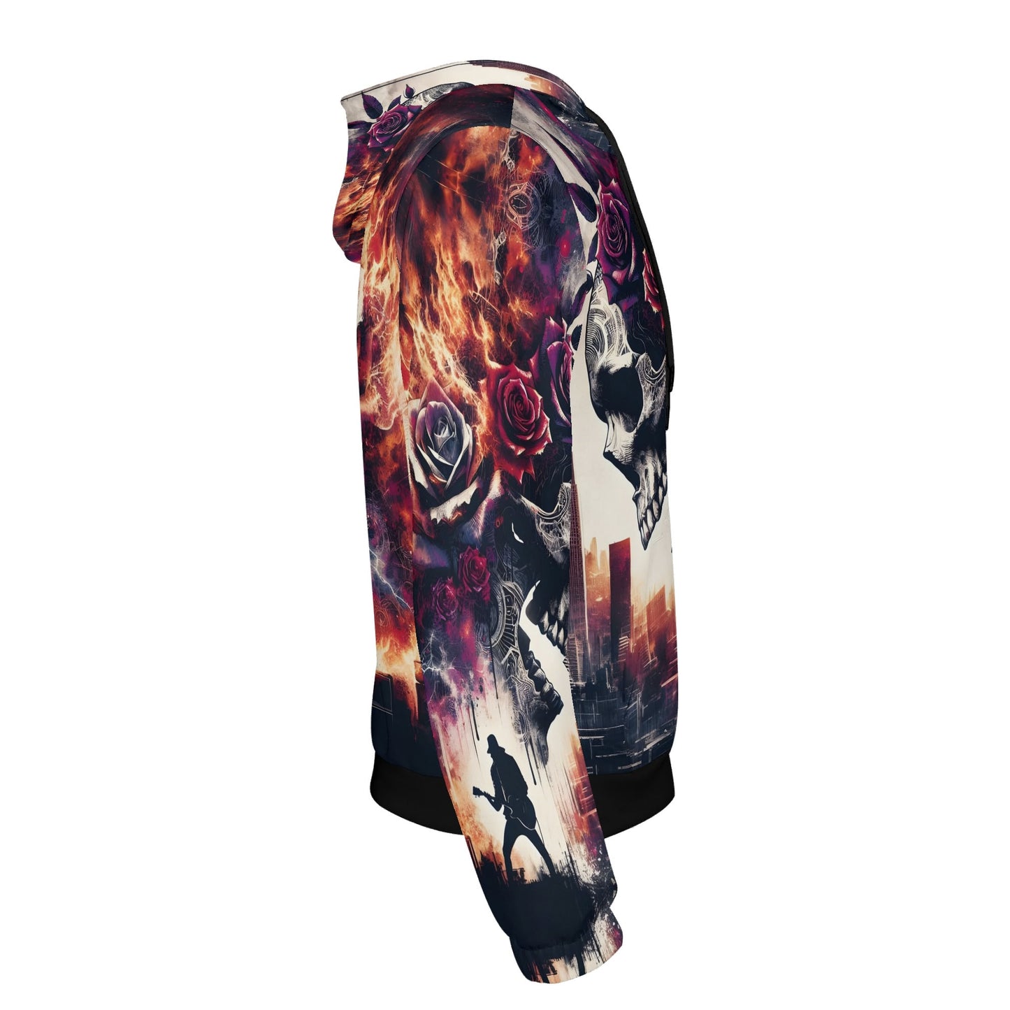 Side view of Loud and Lethal Rockfire Vengeance Poly French Terry hoodie with skull and fiery rose design