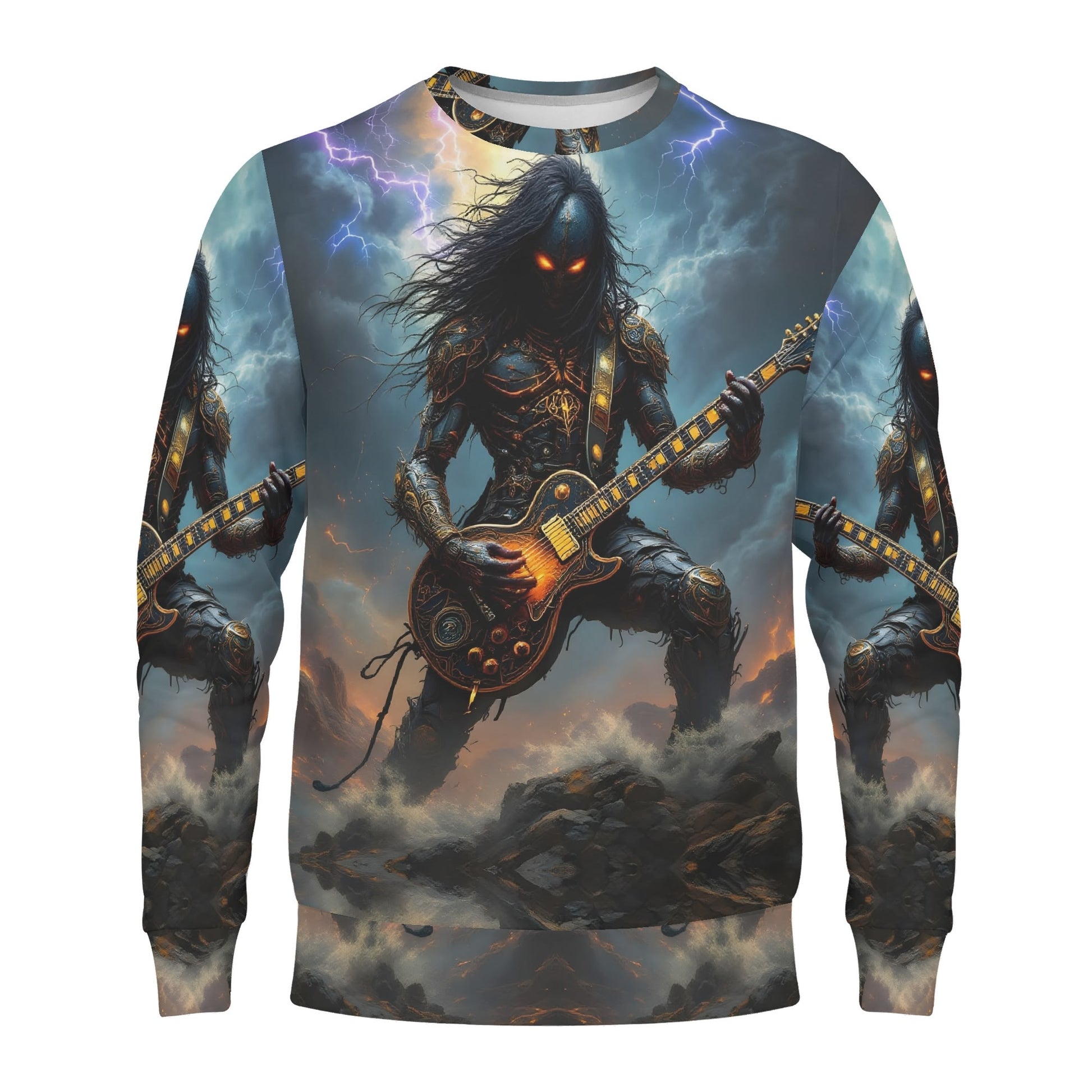 Guitar of the Gods Poly French Terry Sweatshirt by Loud and Lethal featuring dark demonic guitarist with glowing eyes and storm