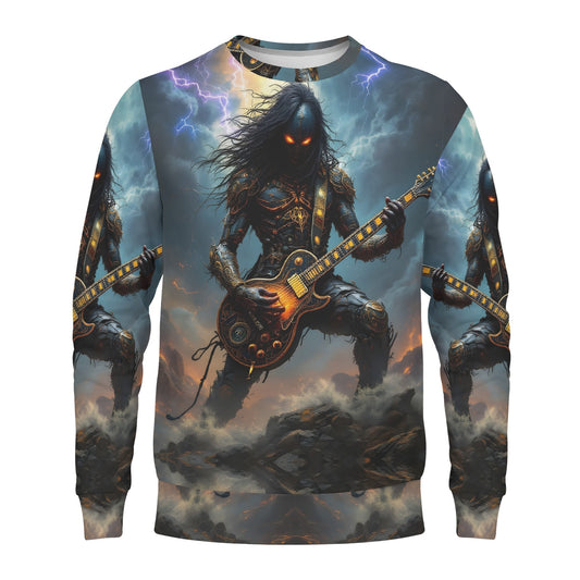 Guitar of the Gods Poly French Terry Sweatshirt by Loud and Lethal featuring dark demonic guitarist with glowing eyes and storm