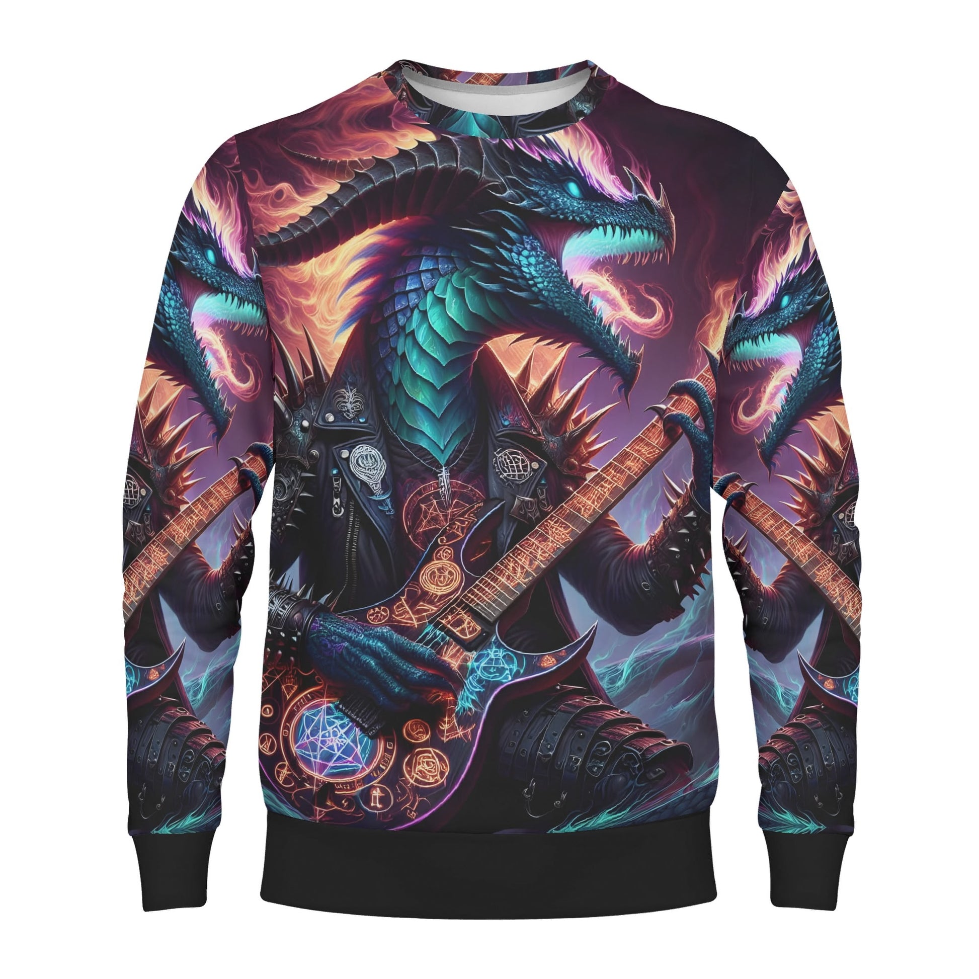 Rock n Roar Poly French Terry Sweatshirt by Loud and Lethal unisex sweater with dragon playing electric guitar design