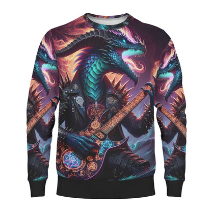 Rock n Roar Poly French Terry Sweatshirt by Loud and Lethal unisex sweater with dragon playing electric guitar design