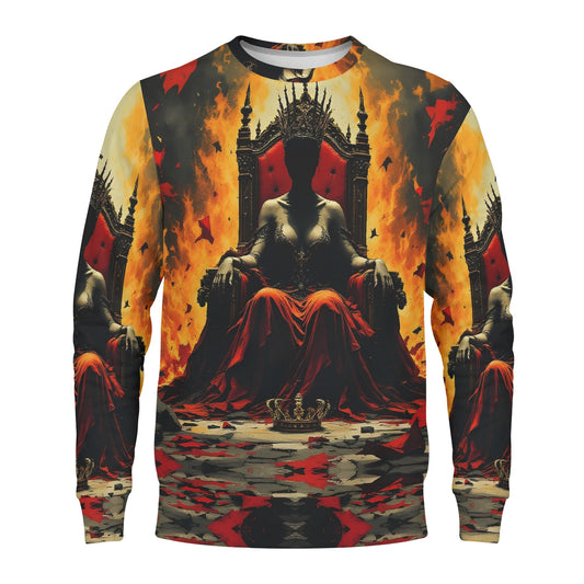 God Save The Queen Poly French Terry Sweatshirt unisex with dark queen on throne fiery background and red cloak