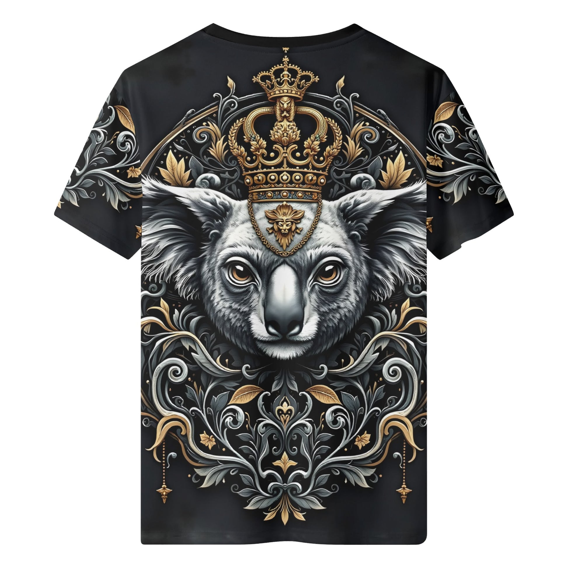 Koala Royalty Lycra T-Shirt Limited Edition by Loud and Lethal unisex black tee with crowned koala and gold ornamental filigree