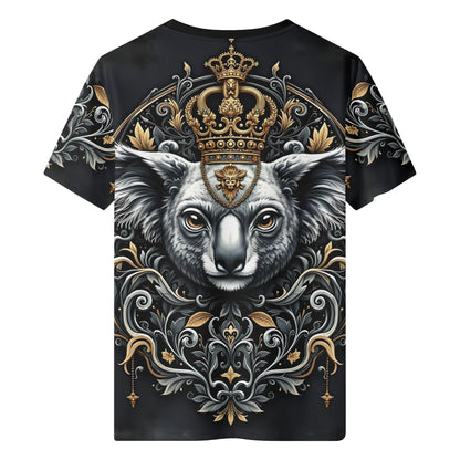 Koala Royalty Lycra T-Shirt Limited Edition by Loud and Lethal unisex black tee with crowned koala and gold ornamental filigree