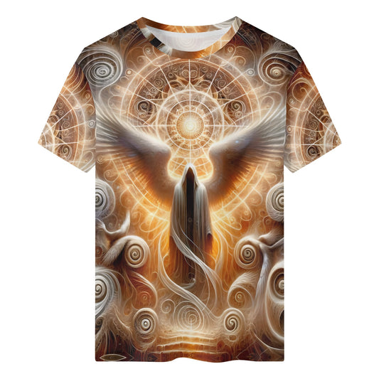 Loud and Lethal Sacred Wings 100 Cotton T-Shirt featuring a glowing angelic figure with large wings and intricate swirling patterns