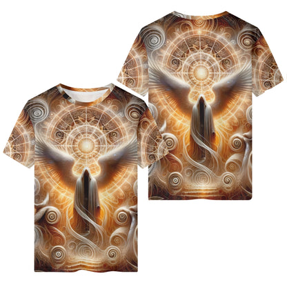 Sacred Wings 100 Cotton T-Shirt with detailed angel wings and mystical glowing design on front and back