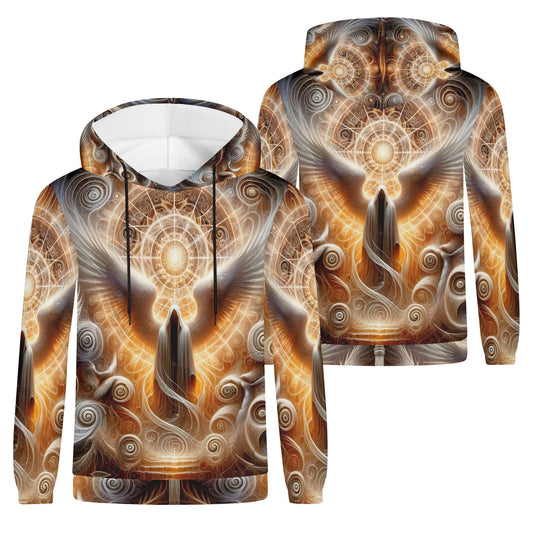 Sacred Wings Poly French Terry Hoodie unisex with intricate glowing wing and halo design by Loud and Lethal
