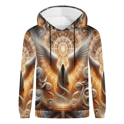 Unisex Sacred Wings Poly French Terry Hoodie featuring intricate glowing wing and spiral design by Loud and Lethal