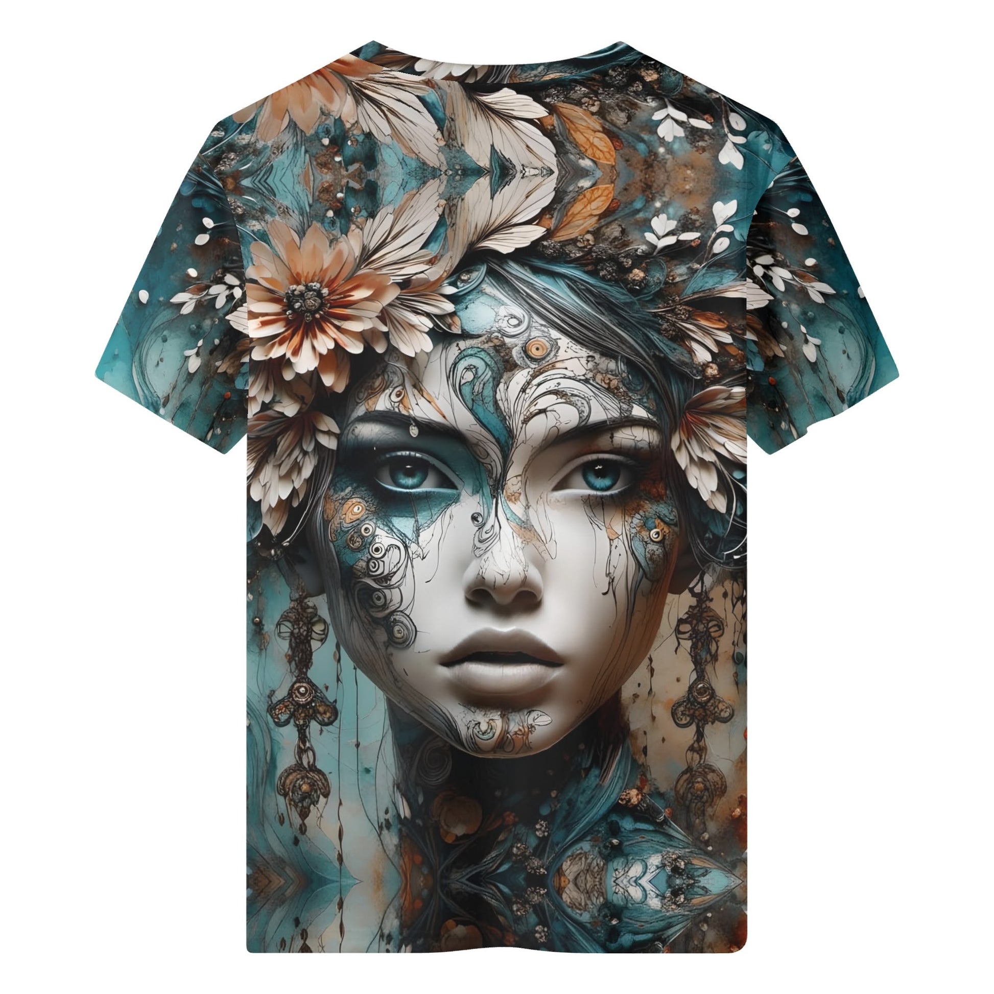 Seraph Shade 100 Cotton T-Shirt featuring artistic face and floral design in teal and brown tones