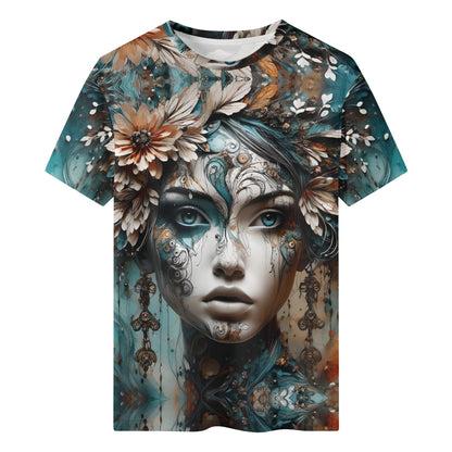 Seraph Shade 100 Cotton T-Shirt featuring artistic floral and female face design in blue and brown tones
