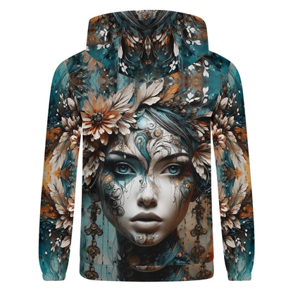 Unisex Seraph Shade cotton terry hoodie by Loud and Lethal with artistic floral and face design in teal and brown tones