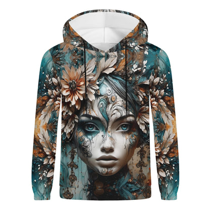 Seraph Shade cotton terry hoodie by Loud and Lethal featuring detailed artistic female face with floral and teal accents